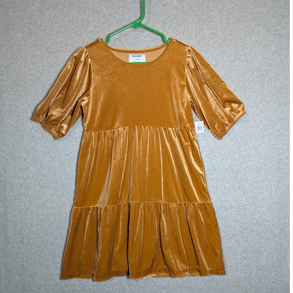 Old Navy Girls Mustard Gold Velvet Tiered Puff Sleeve Dress Size L 10-12 Autumn